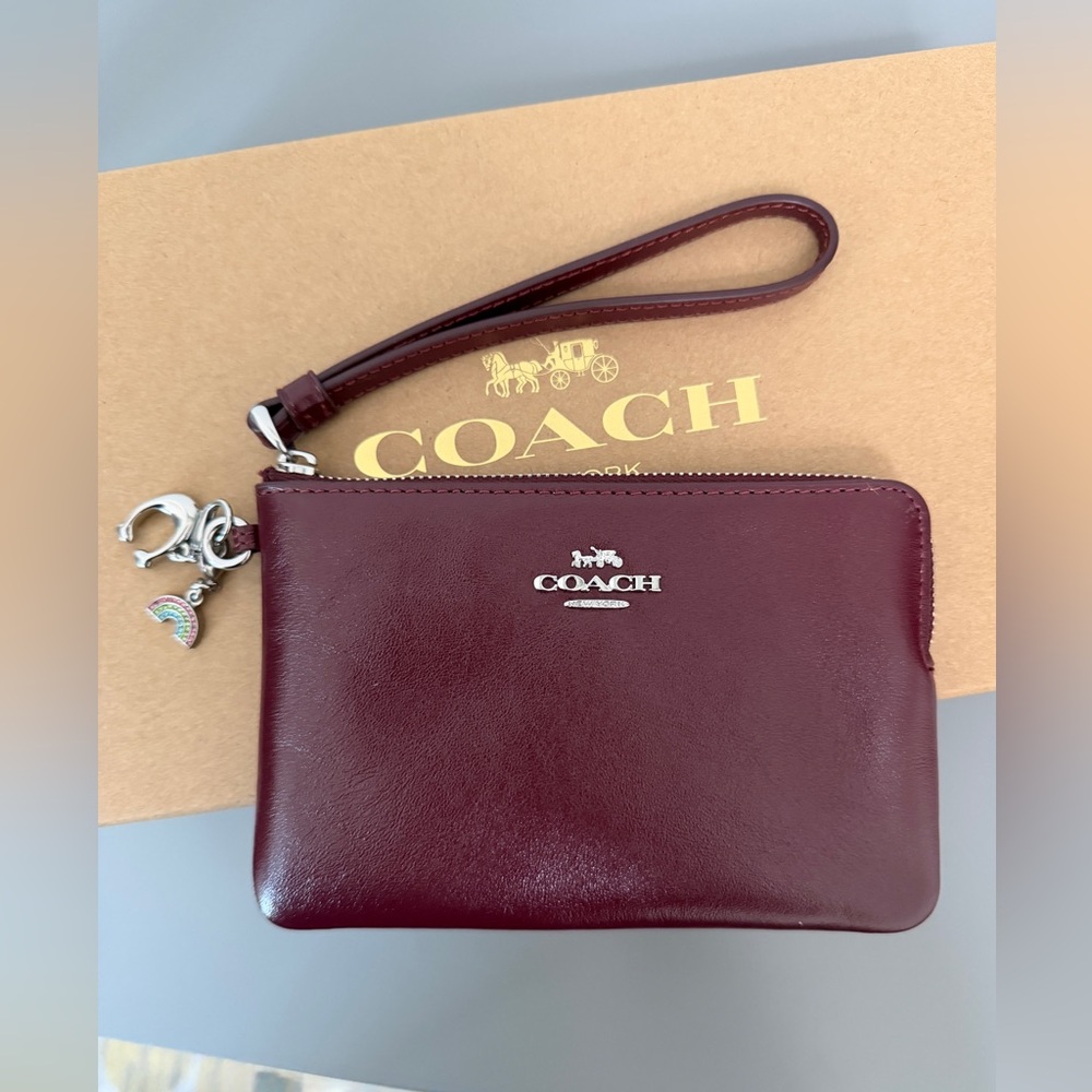 Coach Boxed Corner Zip Wristlet With Charms in Dark Wine Shiny Smooth Leather